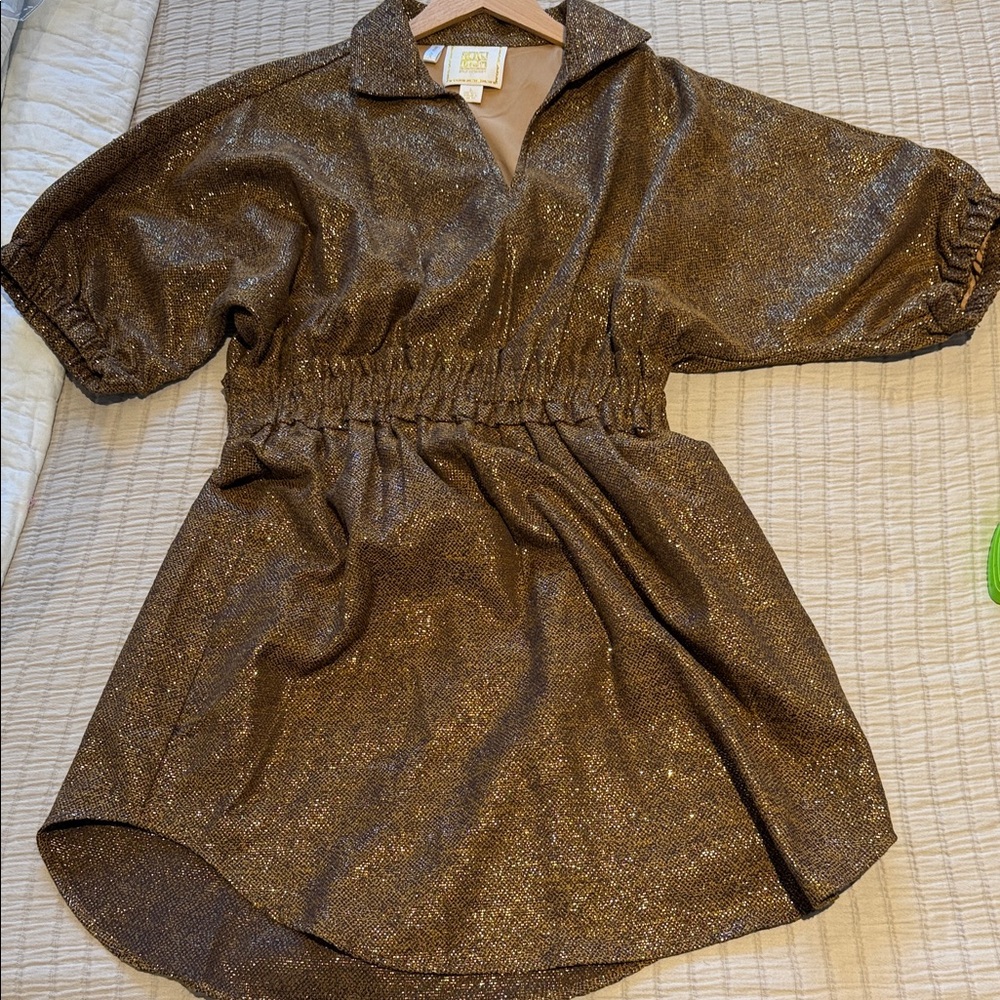 Emily McCarthy Palmer Dress in Gold Tweed Sparkle L Elastic Waist SEE VIDEO! 💎
